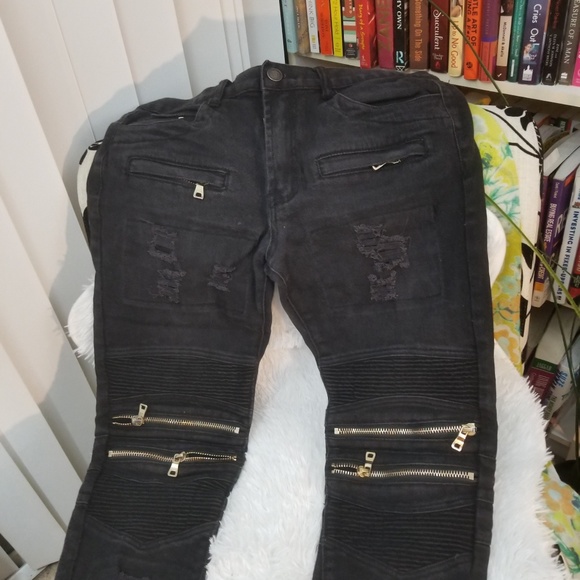 black and gold biker jeans